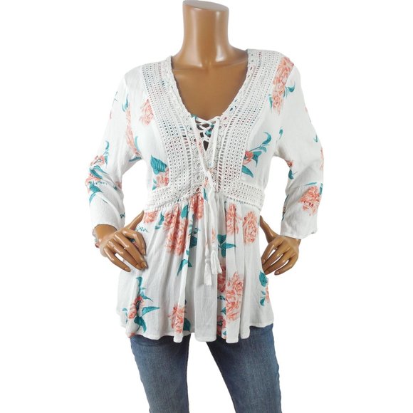 torrid Tops - TORRID Top Sz 1 or 14/16 XL/1X White Floral Blouse Boho Embroidery Tassel Ties